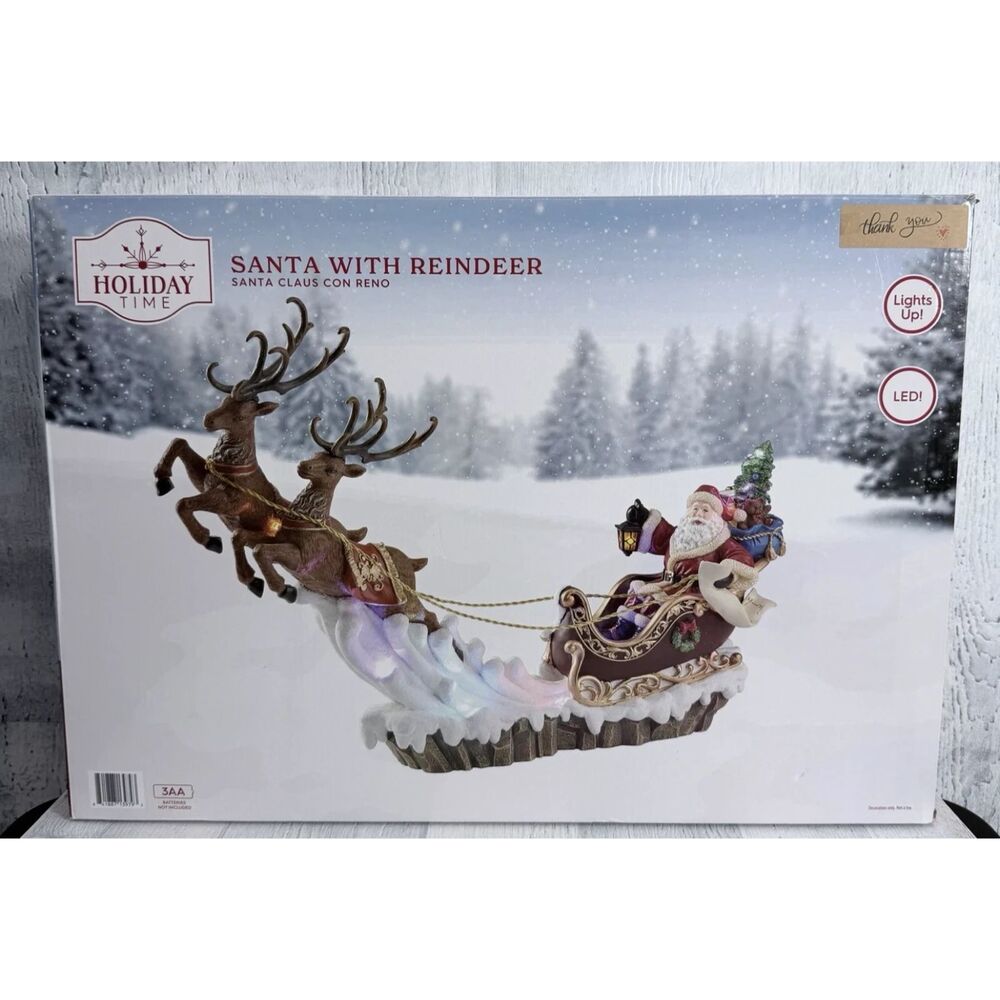 Holiday Time Christmas LED Village Santa With Sleigh & Reindeer Light Up